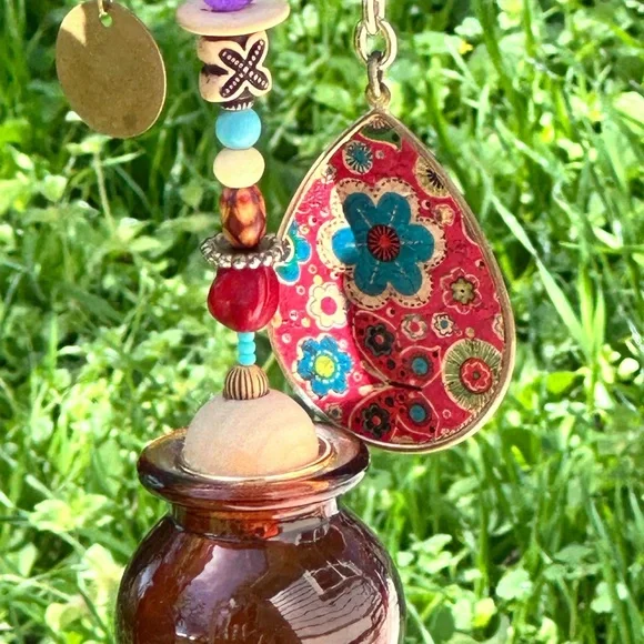 Handcrafted Amber Glass Bottle Wind Chime with Colorful Beads - Picture 8 of 9